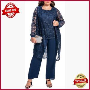 Plus Size Sequin Lace Jacket Chiffon Pant Suit Evening Gown Formal Wear